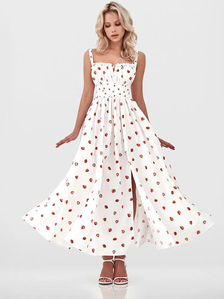 Damen Midikleid mit Muster und Herzausschnitt mit Seitenschlitz und Trägern