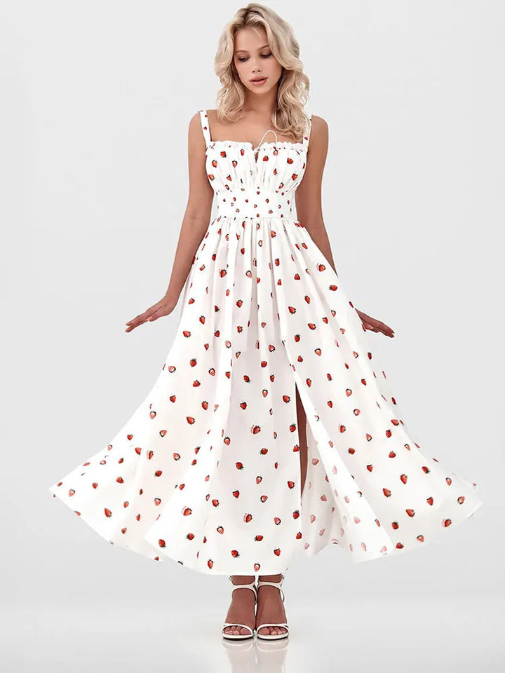 Damen Midikleid mit Muster und Herzausschnitt mit Seitenschlitz und Trägern