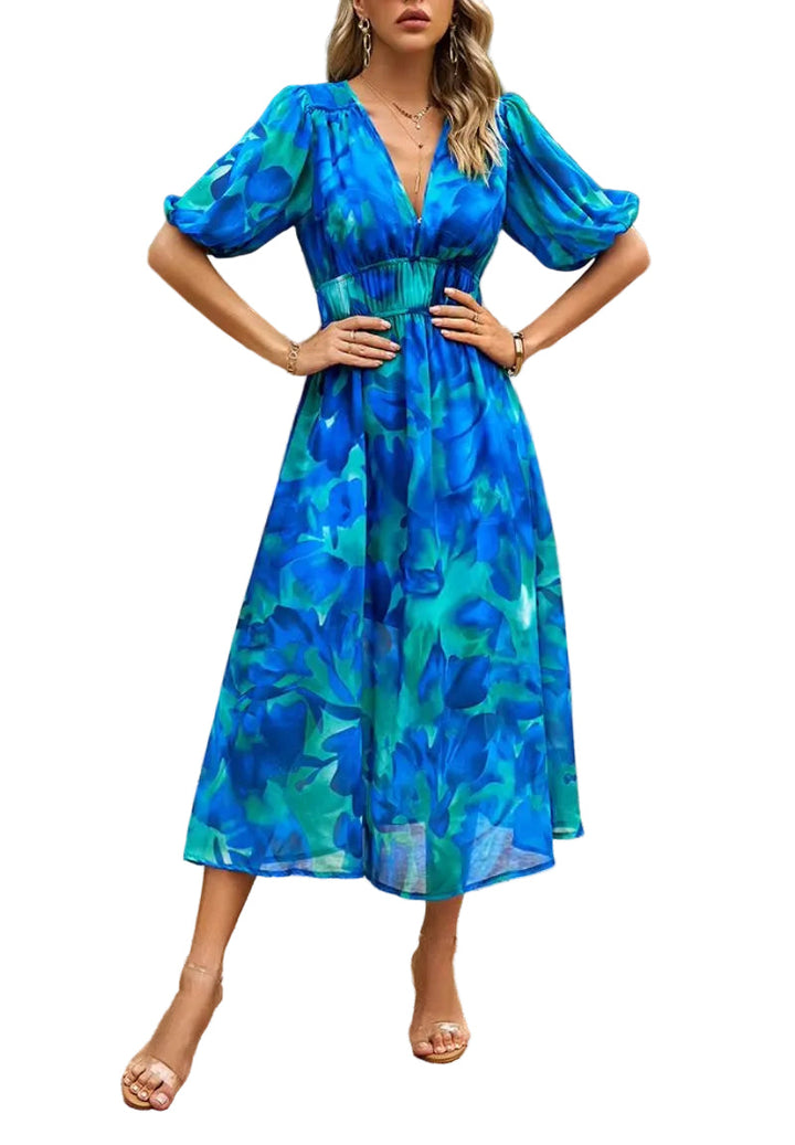 Damen Midikleid mit Print und Puffärmeln-Midi Dress-Alpenkind