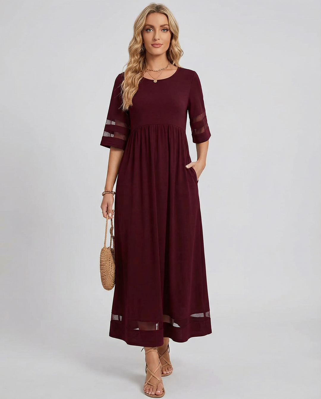 Damen Midikleid mit Rundhalsausschnitt und halblangen Ärmeln-Maxi Dress-Alpenkind