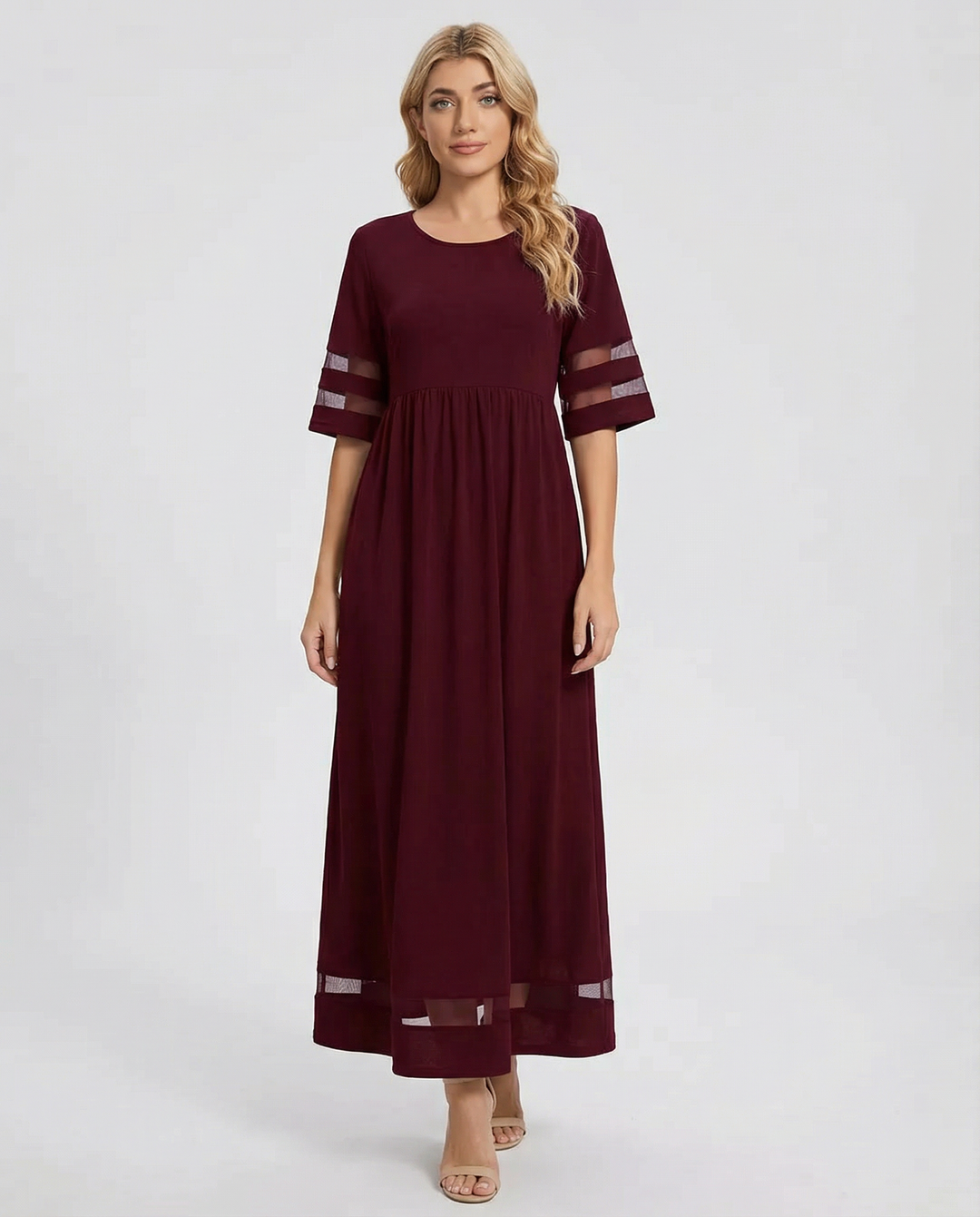 Damen Midikleid mit Rundhalsausschnitt und halblangen Ärmeln-Maxi Dress-Alpenkind