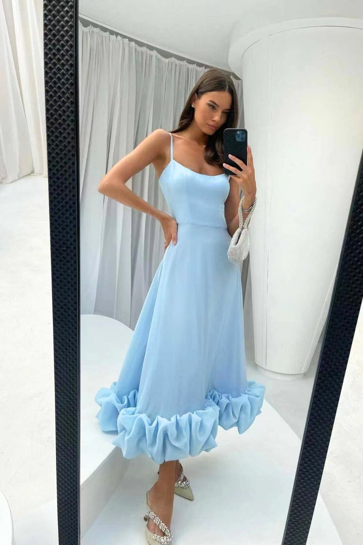 Damen Midikleid mit Spaghettiträgern Gerader Halspartie und Rüschensaum