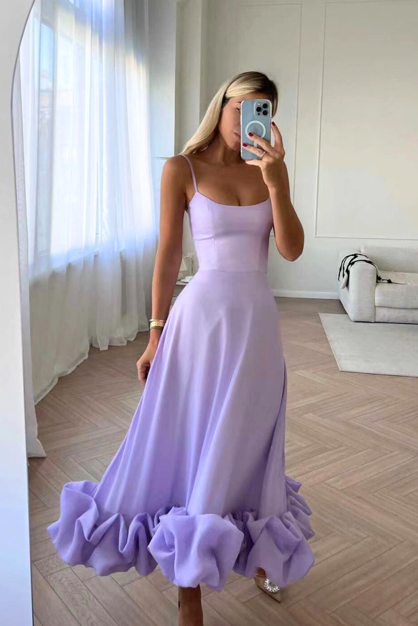 Damen Midikleid mit Spaghettiträgern Gerader Halspartie und Rüschensaum