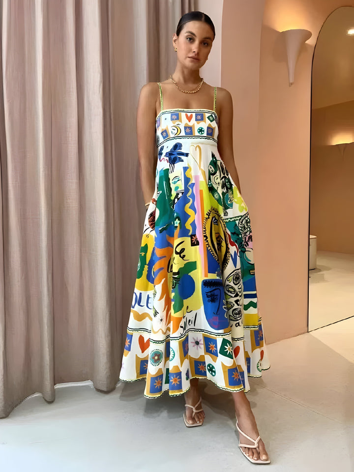 Damen Midikleid mit Spaghettiträgern und Karree-Ausschnitt mit abstraktem buntem Muster und A-Linien-Rock