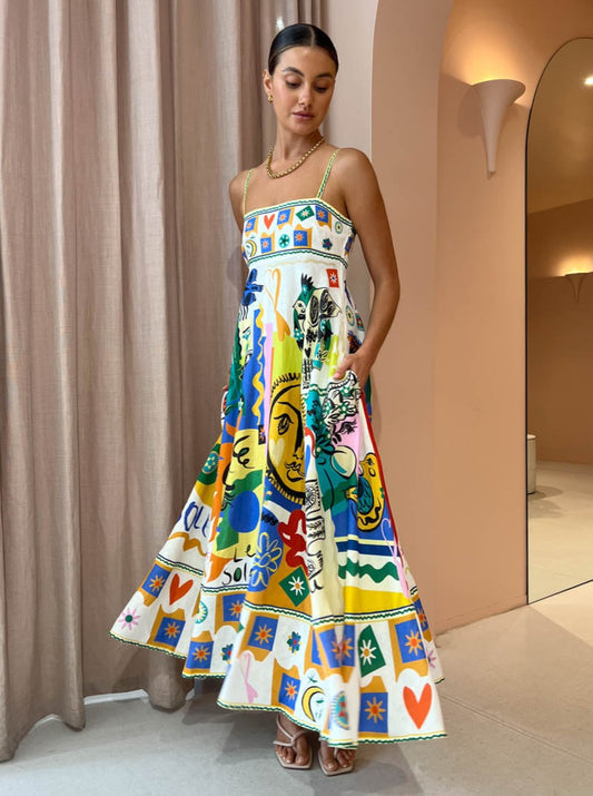 Damen Midikleid mit Spaghettiträgern und Karree-Ausschnitt mit abstraktem buntem Muster und A-Linien-Rock
