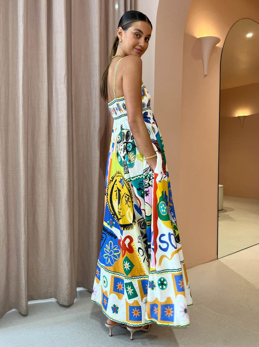 Damen Midikleid mit Spaghettiträgern und Karree-Ausschnitt mit abstraktem buntem Muster und A-Linien-Rock