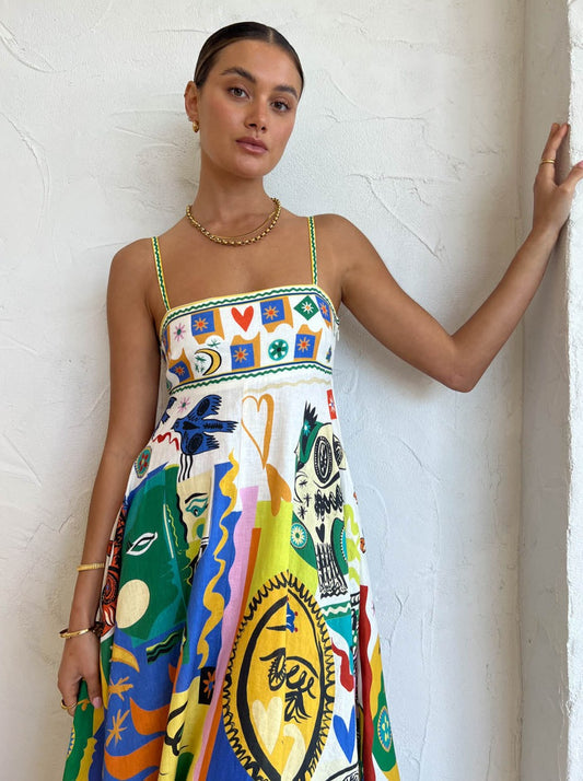 Damen Midikleid mit Spaghettiträgern und Karree-Ausschnitt mit abstraktem buntem Muster und A-Linien-Rock