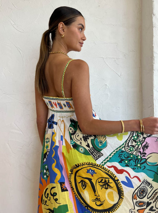 Damen Midikleid mit Spaghettiträgern und Karree-Ausschnitt mit abstraktem buntem Muster und A-Linien-Rock