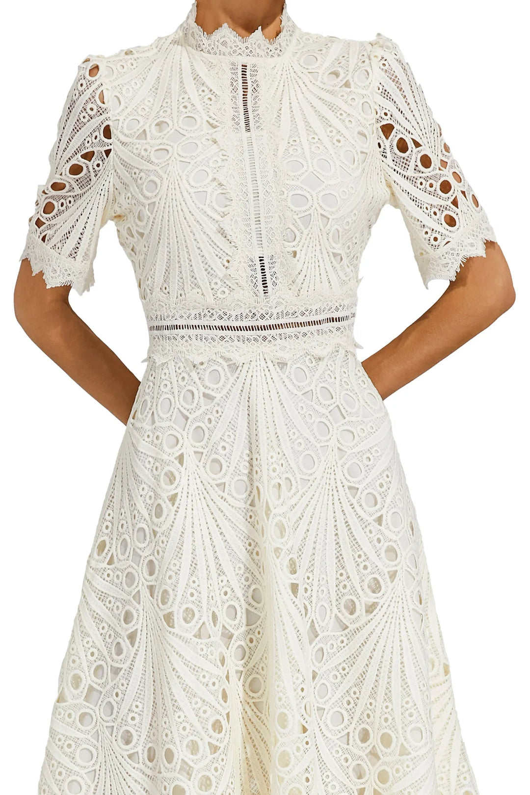 Damen Midikleid mit Spitzenstruktur und Stehkragen-Midi Dress-Alpenkind