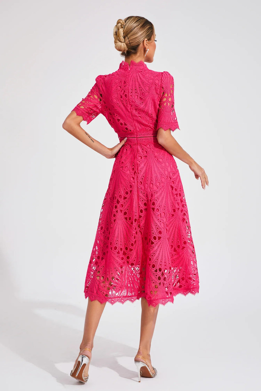 Damen Midikleid mit Spitzenstruktur und Stehkragen-Midi Dress-Alpenkind