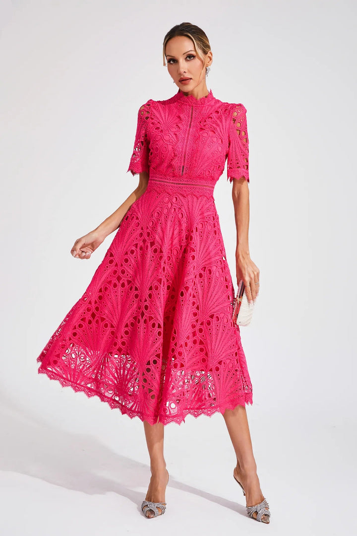 Damen Midikleid mit Spitzenstruktur und Stehkragen-Midi Dress-Alpenkind