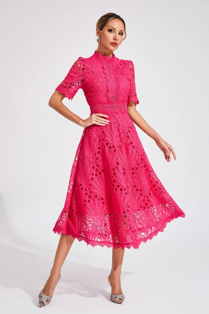 Damen Midikleid mit Spitzenstruktur und Stehkragen-Midi Dress-Alpenkind