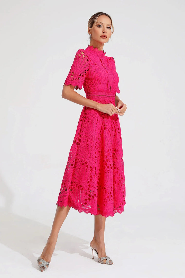 Damen Midikleid mit Spitzenstruktur und Stehkragen-Midi Dress-Alpenkind