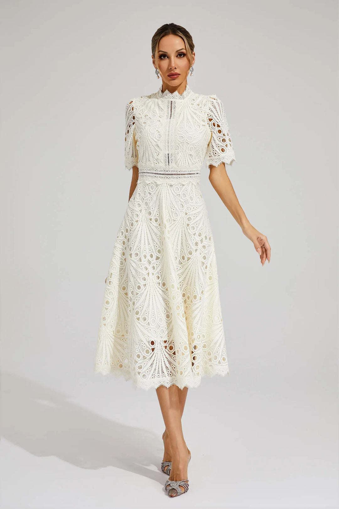 Damen Midikleid mit Spitzenstruktur und Stehkragen-Midi Dress-Alpenkind
