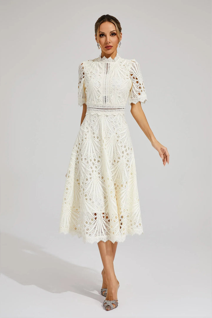 Damen Midikleid mit Spitzenstruktur und Stehkragen-Midi Dress-Alpenkind