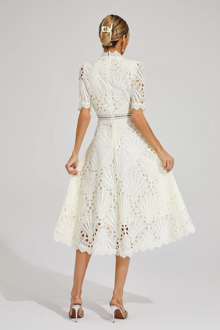 Damen Midikleid mit Spitzenstruktur und Stehkragen-Midi Dress-Alpenkind