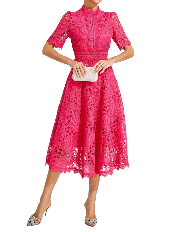Damen Midikleid mit Spitzenstruktur und Stehkragen-Midi Dress-Alpenkind