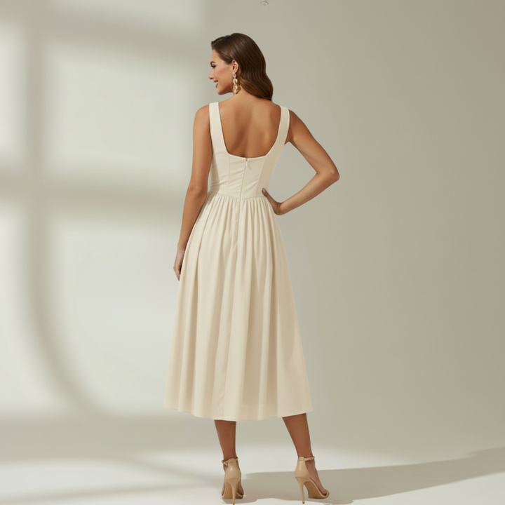 Damen Midikleid mit tiefem V-Ausschnitt und ärmellosem Oberteil-Midi Dress-Alpenkind