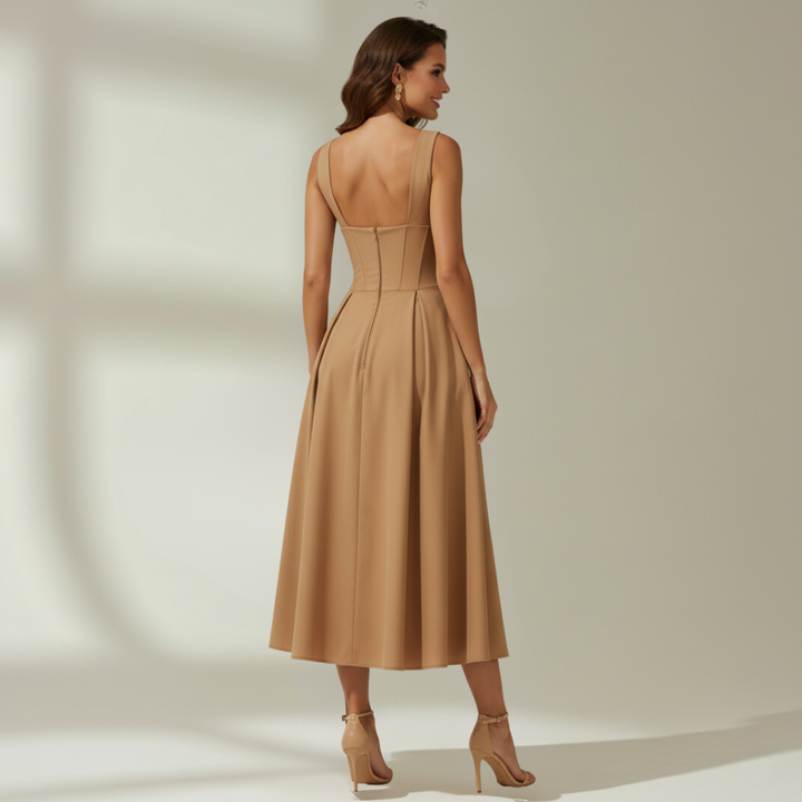 Damen Midikleid mit tiefem V-Ausschnitt und ärmellosem Oberteil-Midi Dress-Alpenkind