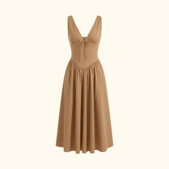 Damen Midikleid mit tiefem V-Ausschnitt und ärmellosem Oberteil-Midi Dress-Alpenkind
