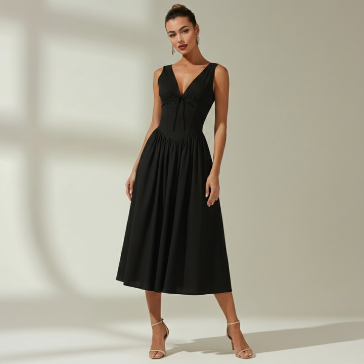 Damen Midikleid mit tiefem V-Ausschnitt und ärmellosem Oberteil-Midi Dress-Alpenkind