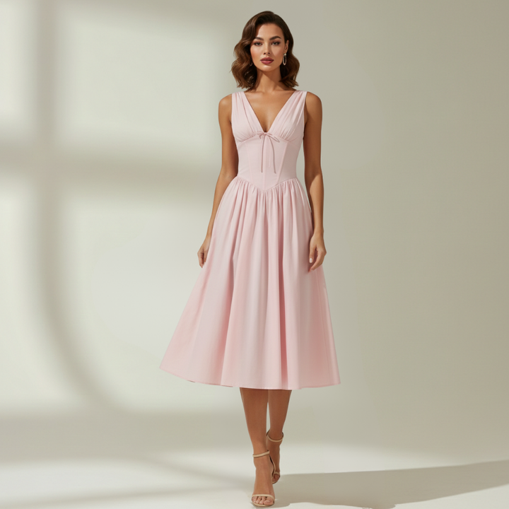 Damen Midikleid mit tiefem V-Ausschnitt und ärmellosem Oberteil-Midi Dress-Alpenkind