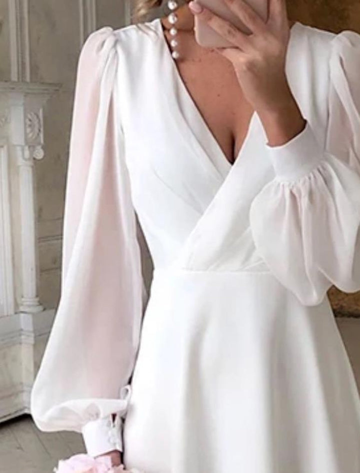 Damen Midikleid mit Tiefem V-Hals Langen Ballonärmeln und Ausgestelltem Rock