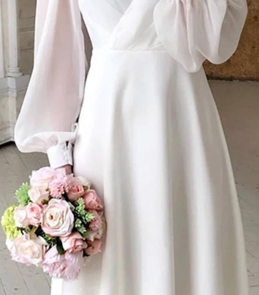 Damen Midikleid mit Tiefem V-Hals Langen Ballonärmeln und Ausgestelltem Rock