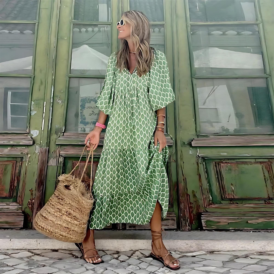 Damen Midikleid mit V-Ausschnitt Ballonärmeln Raffung und Stufenrock