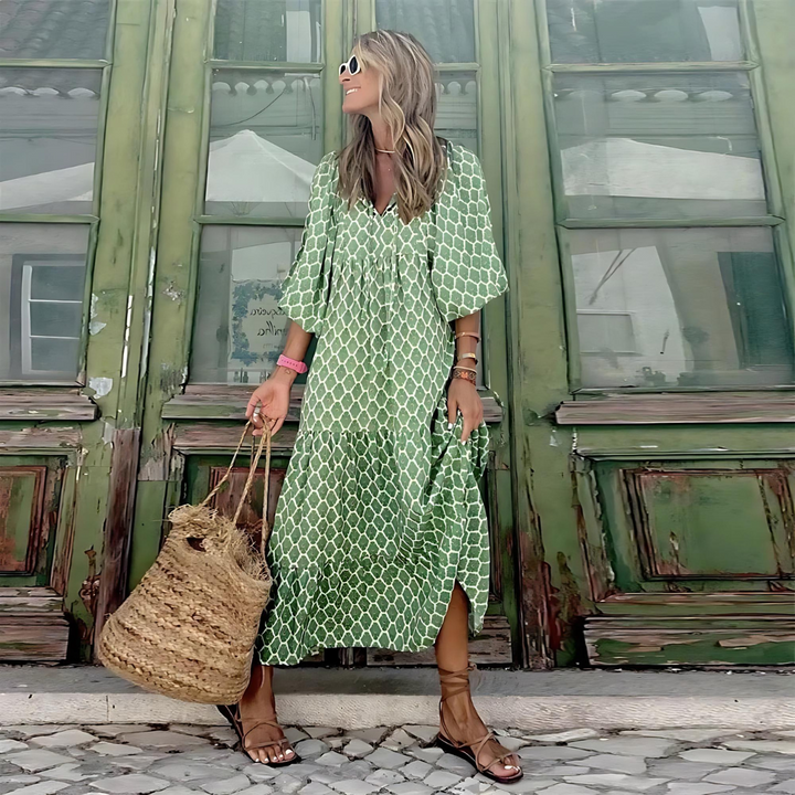 Damen Midikleid mit V-Ausschnitt Ballonärmeln Raffung und Stufenrock