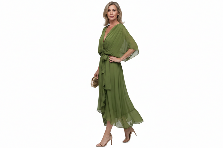 Damen Midikleid mit V-Ausschnitt, Drapierung und Taillenband-Midi Dress-Alpenkind