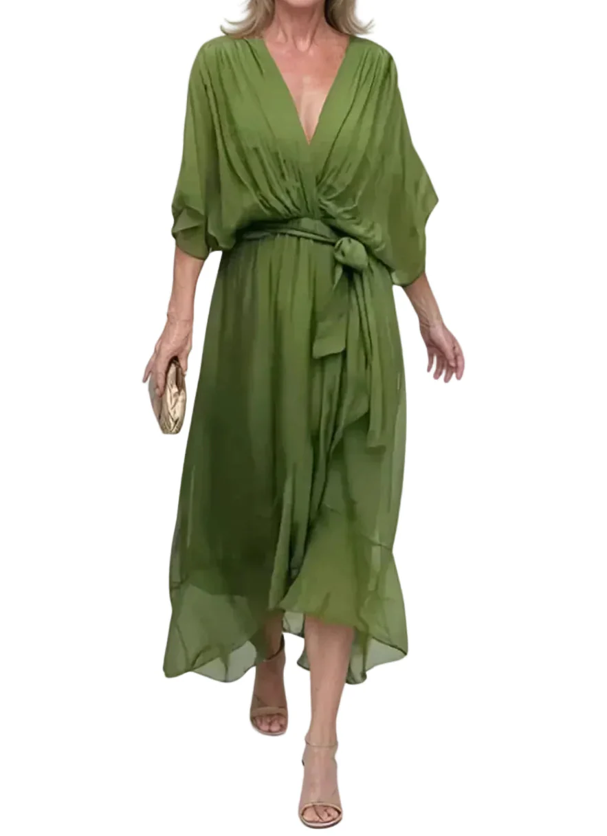 Damen Midikleid mit V-Ausschnitt, Drapierung und Taillenband-Midi Dress-Alpenkind