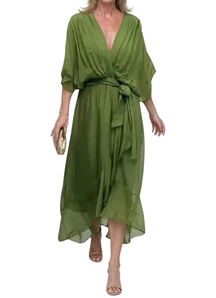 Damen Midikleid mit V-Ausschnitt, Drapierung und Taillenband-Midi Dress-Alpenkind