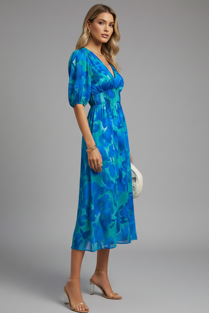 Damen Midikleid mit V-Ausschnitt, elastischer Taille und Puffärmeln-Midi Dress-Alpenkind