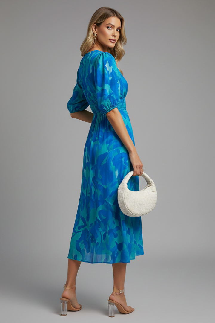 Damen Midikleid mit V-Ausschnitt, elastischer Taille und Puffärmeln-Midi Dress-Alpenkind