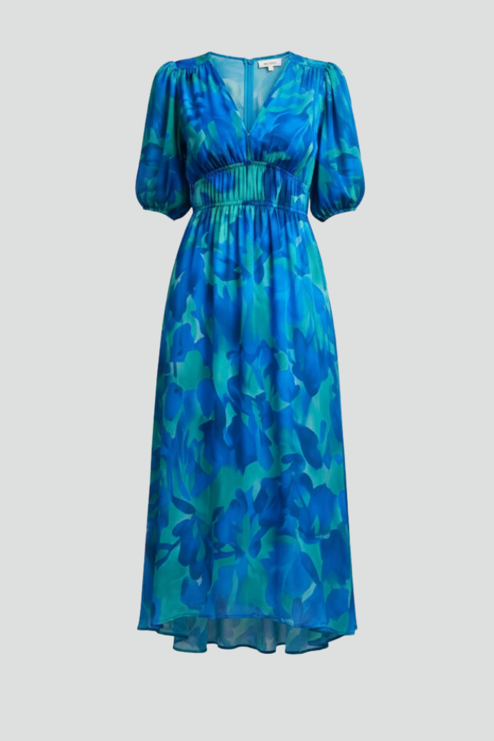 Damen Midikleid mit V-Ausschnitt, elastischer Taille und Puffärmeln-Midi Dress-Alpenkind