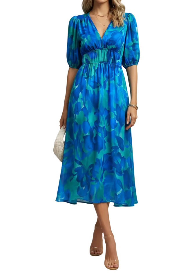 Damen Midikleid mit V-Ausschnitt, elastischer Taille und Puffärmeln-Midi Dress-Alpenkind