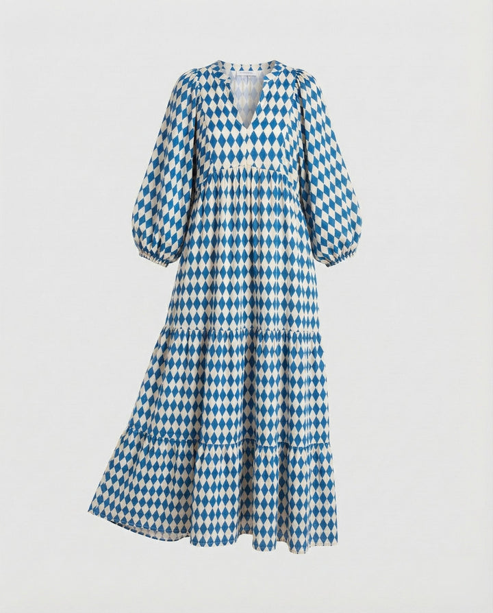 Damen Midikleid mit V-Ausschnitt und gestufter Struktur-Midi Dress-Alpenkind