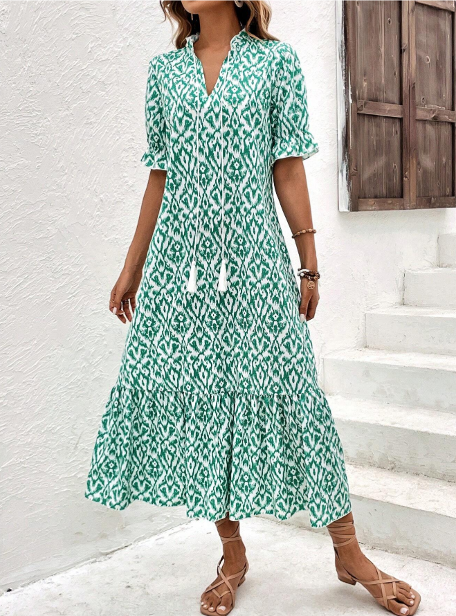 Damen Midikleid mit V-Ausschnitt und Quastenbändern sowie Kurzen Puffärmeln und Stufenrock