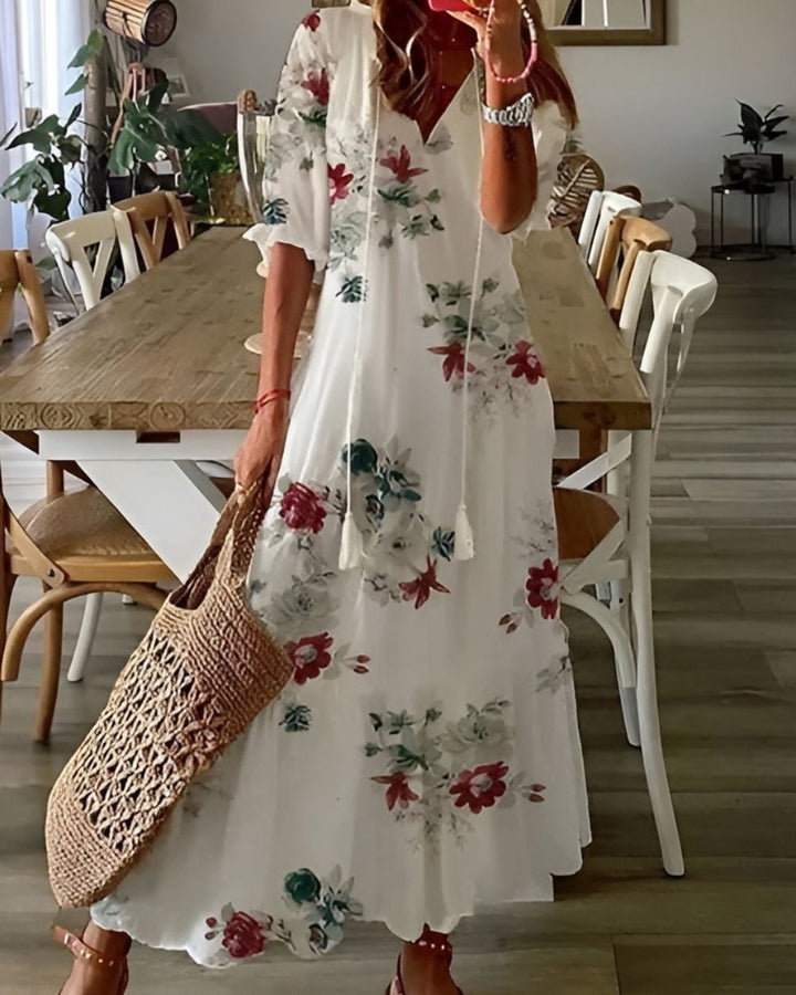 Damen Midikleid mit V-Ausschnitt und Quastenbändern sowie Kurzen Puffärmeln und Stufenrock