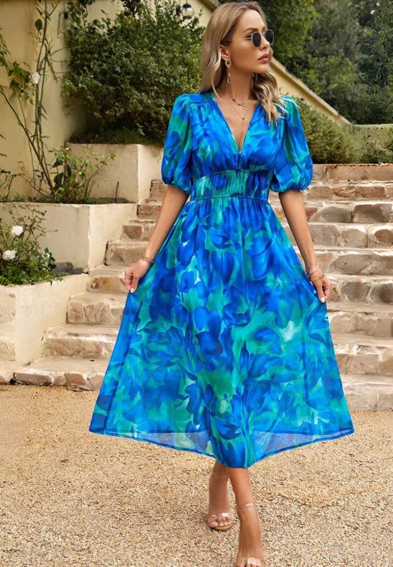Damen Midikleid mit V-Dekolleté Puffärmeln und Geraffter Taillenpartie