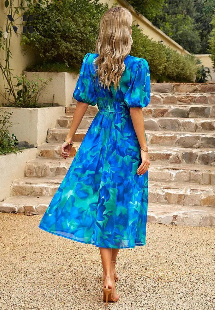 Damen Midikleid mit V-Dekolleté Puffärmeln und Geraffter Taillenpartie