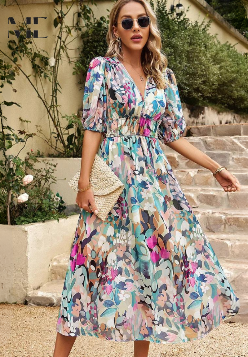 Damen Midikleid mit V-Dekolleté Puffärmeln und Geraffter Taillenpartie