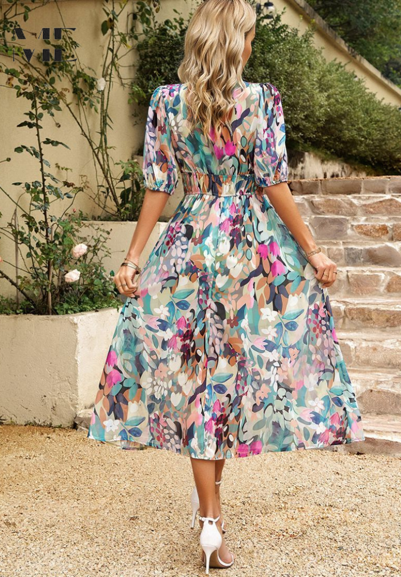 Damen Midikleid mit V-Dekolleté Puffärmeln und Geraffter Taillenpartie