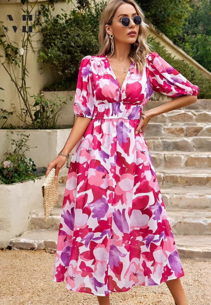 Damen Midikleid mit V-Dekolleté Puffärmeln und Geraffter Taillenpartie