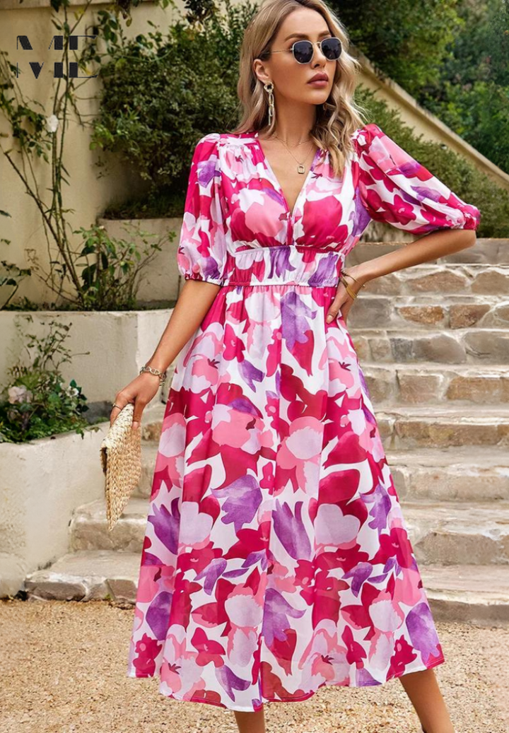 Damen Midikleid mit V-Dekolleté Puffärmeln und Geraffter Taillenpartie