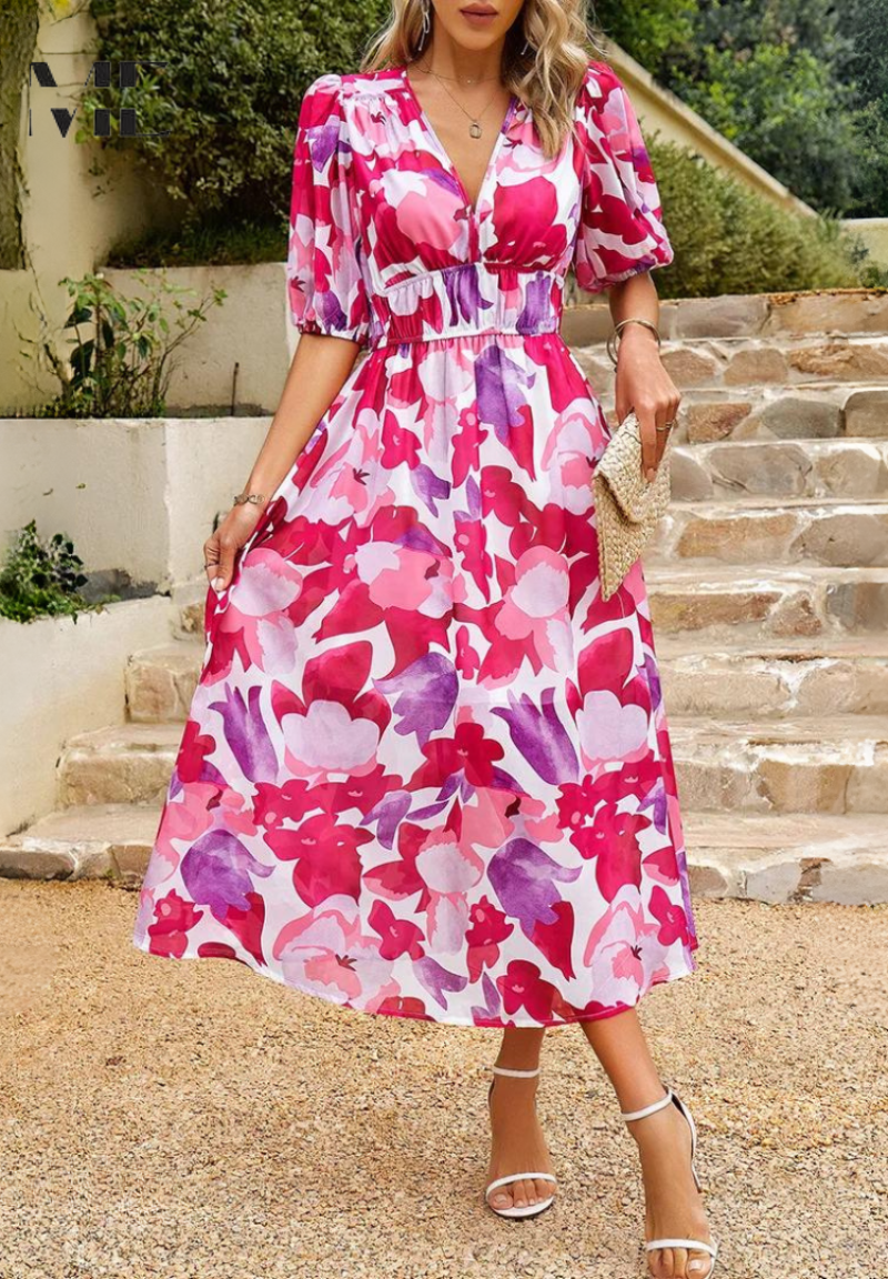 Damen Midikleid mit V-Dekolleté Puffärmeln und Geraffter Taillenpartie