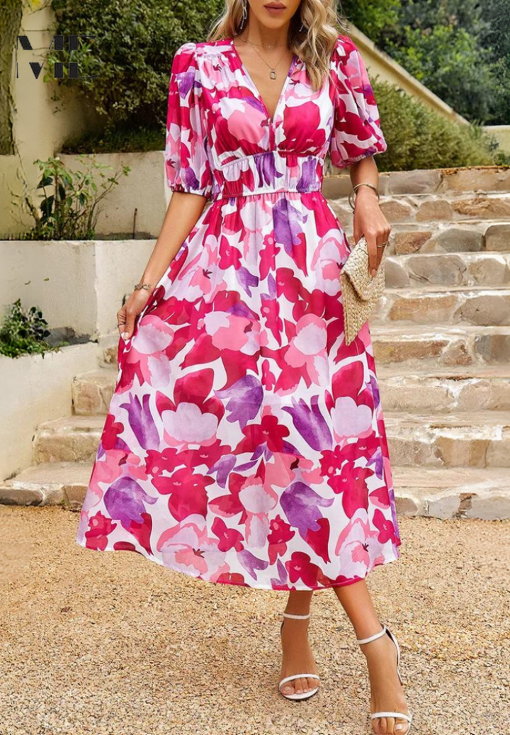 Damen Midikleid mit V-Dekolleté Puffärmeln und Geraffter Taillenpartie