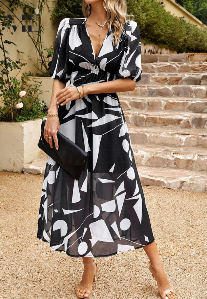 Damen Midikleid mit V-Dekolleté Puffärmeln und Geraffter Taillenpartie