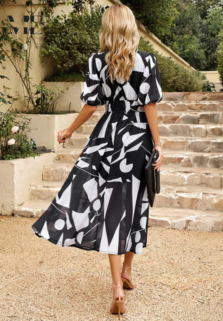 Damen Midikleid mit V-Dekolleté Puffärmeln und Geraffter Taillenpartie